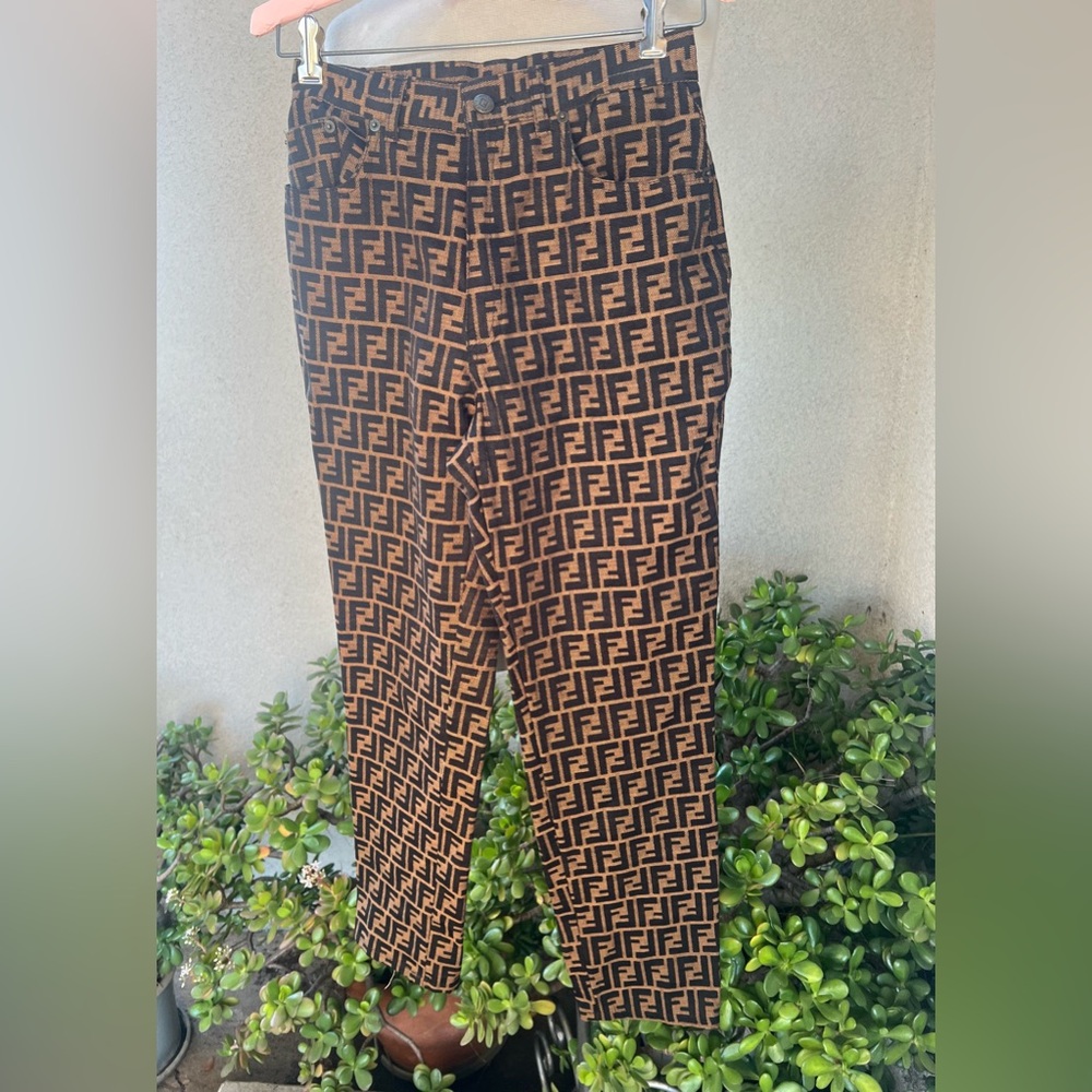 Vtg Fendi Jeans pants FF logo brown black Zucca high waist straight leg Sz 26”